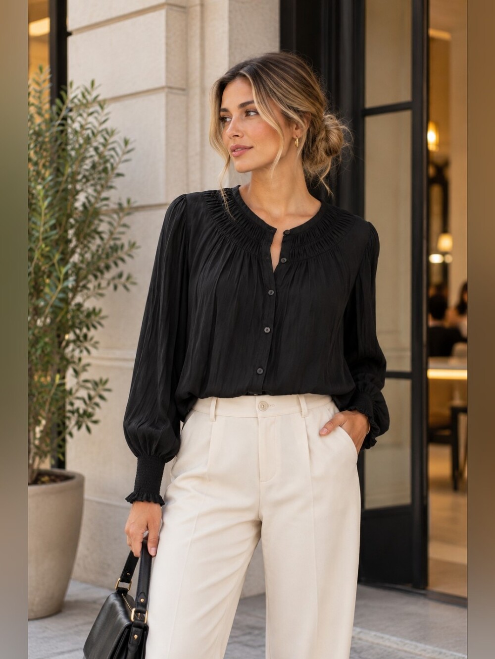 NWT Ramy Brook Walter Black Ruched Button Front Blouse Size L